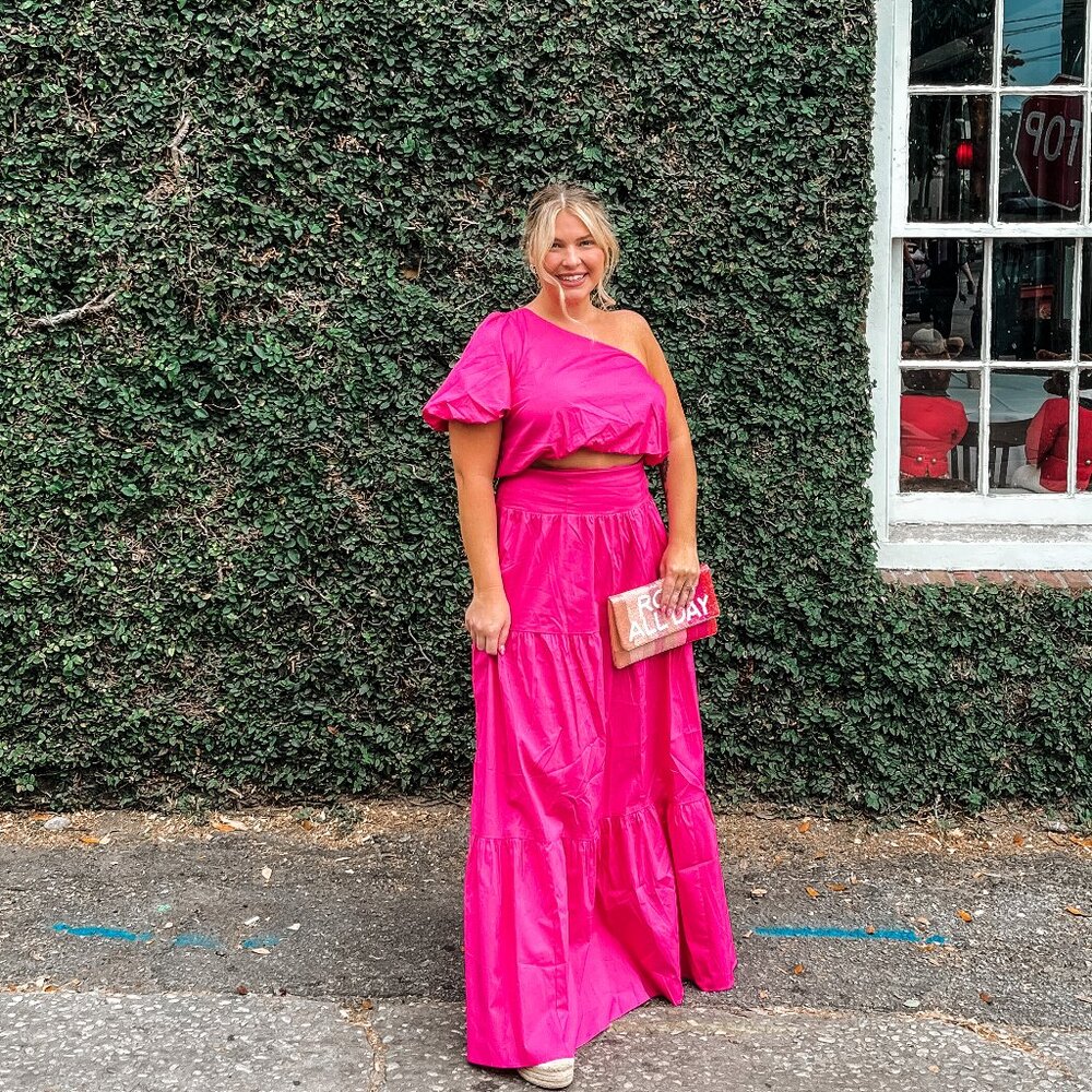 Show Me Your Mumu Pink One Shoulder Puff Sleeve Crop Top & Tiered Maxi Skirt Set